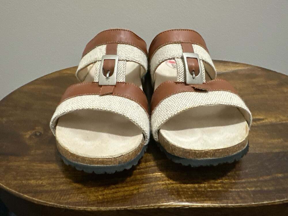 Haflinger Leather and Linen Cork Footbed Slide Sandals Size 40 B1